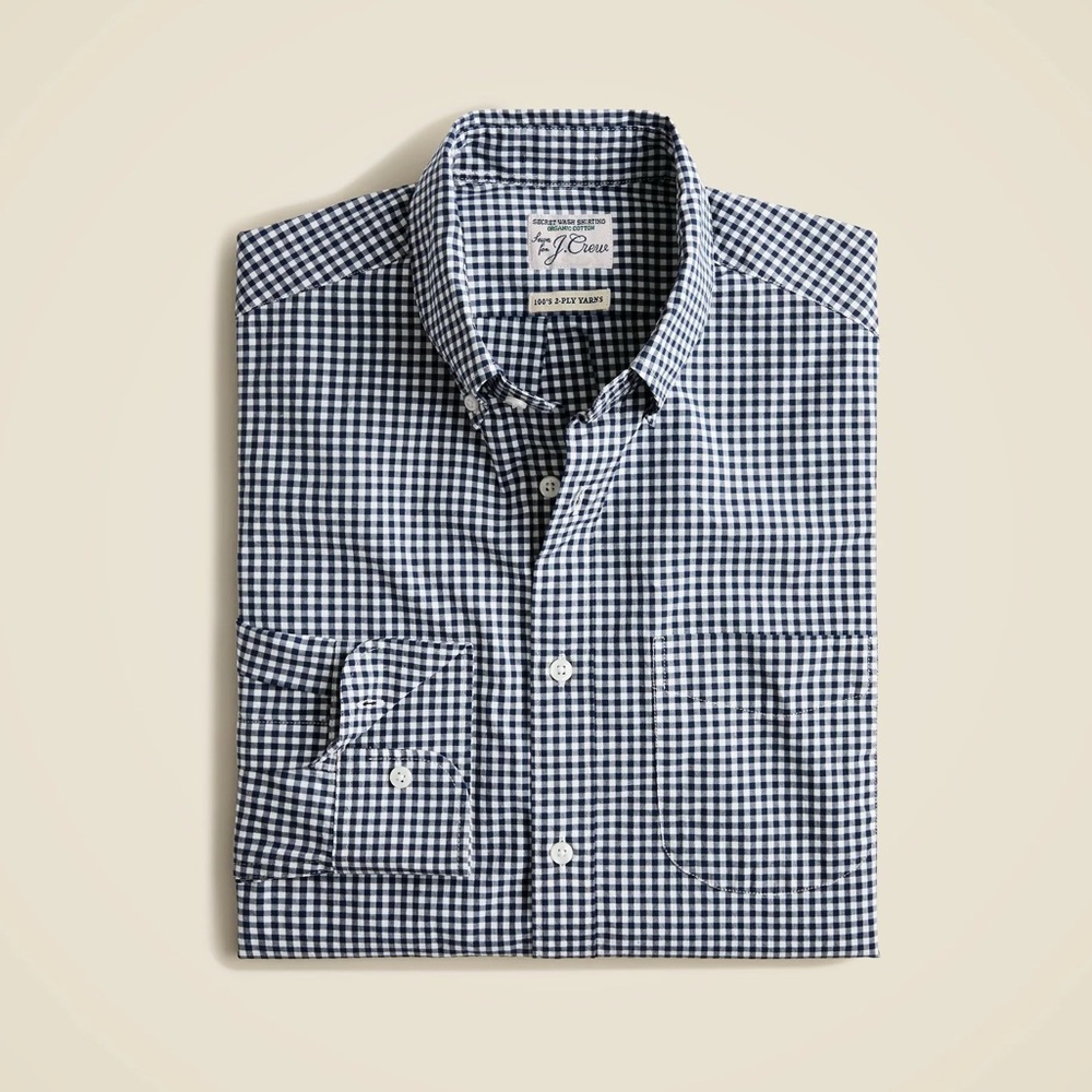 J. Crew Secret Wash Organic Cotton Poplin Gingham Button Down Slim Fit Size XL